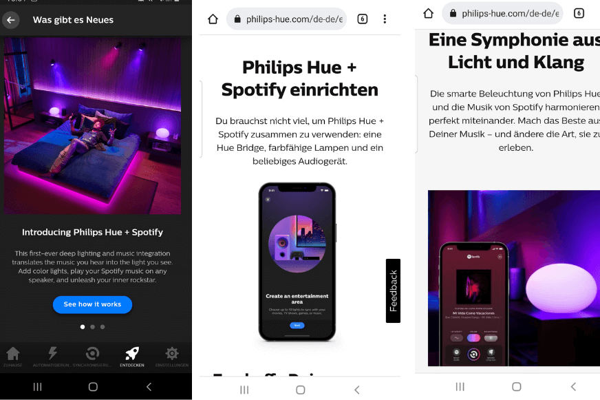Man sieht die geöffnete Hue App, in der man die Hue Lampen mit Spotify verknüpfen kann.